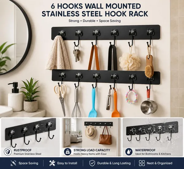 6_In_1_Wall_Hook_Stainless_Steel_Self_Adhesive_Wall_Mounted_Hooks_For_Bathroom_Kitchen_Bedroom_Home_Multi_Purpose_Towel_Clothes_Key_Utility_Hanger_Black