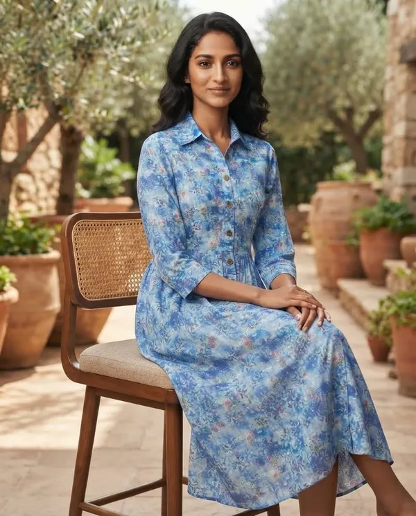 Blue_Cotton_Floral_Print_Shirt_Dress_For_Women