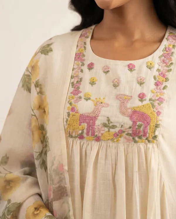 Cream_Embroidered_Flared_Kurta_Set_for_Women