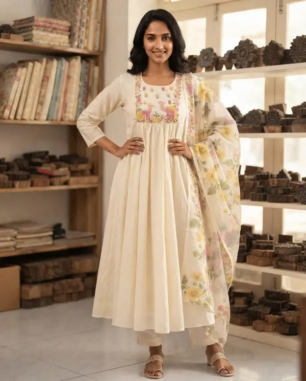 Cream_Embroidered_Flared_Kurta_Set_for_Women