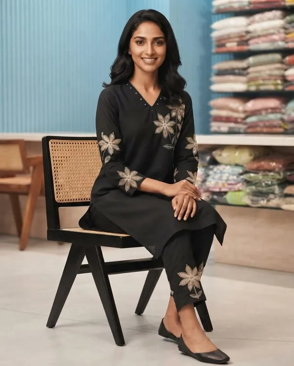 Black_Linen_Cotton_Embroidered_Straight_Kurta_Set_For_Women