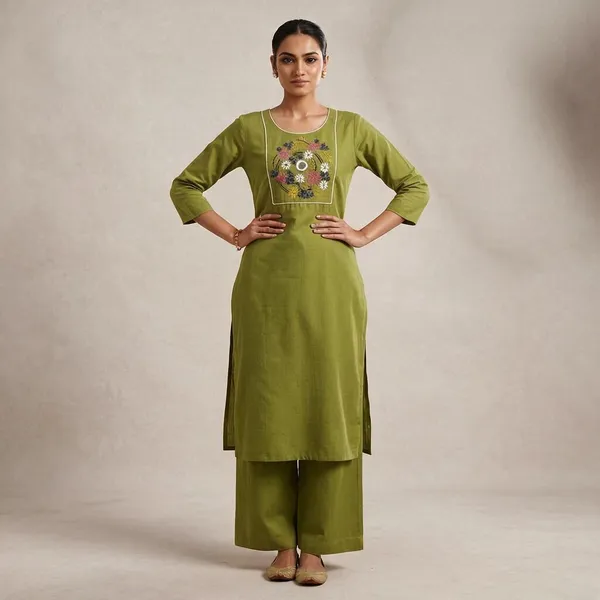 Olive_Green_Khadi_Embroidered_Straight_Kurta_Pant_Set_For_Women