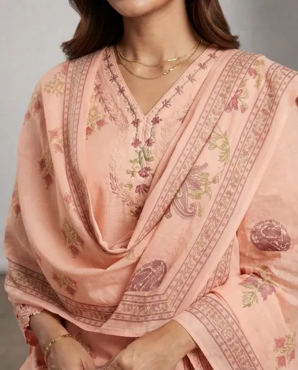 Peach_Printed_Ethnic_Kurta_Set_With_Dupatta_For_Women
