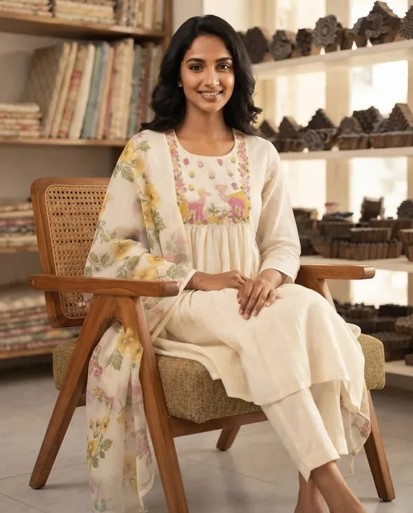 Cream_Embroidered_Flared_Kurta_Set_for_Women