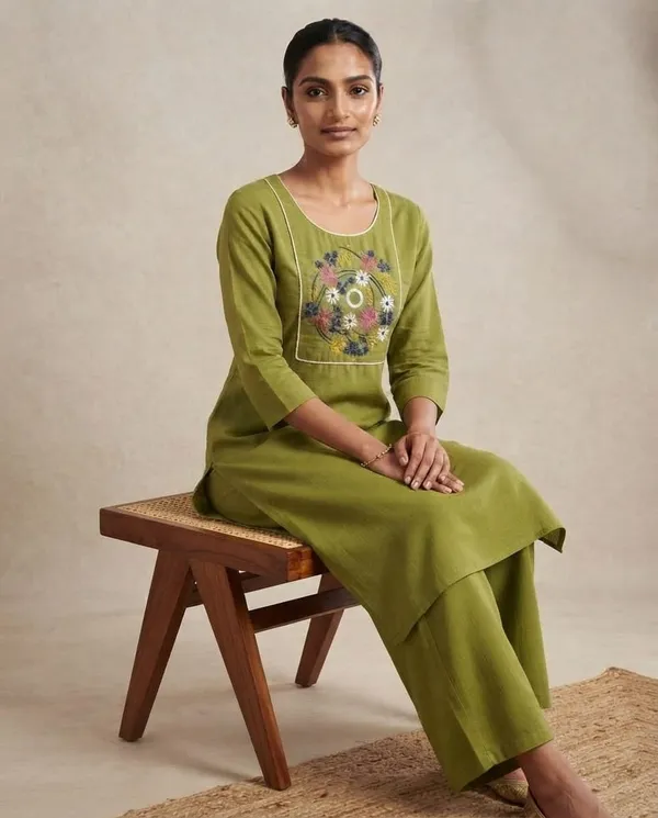 Olive_Green_Khadi_Embroidered_Straight_Kurta_Pant_Set_For_Women
