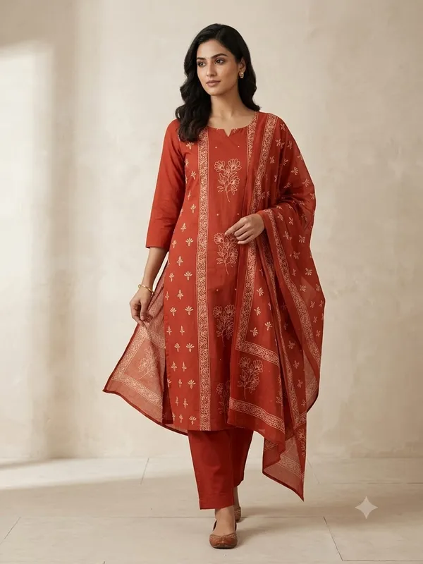 Rust_Cotton_Floral_Print_Straight_Kurta_Set_For_Women