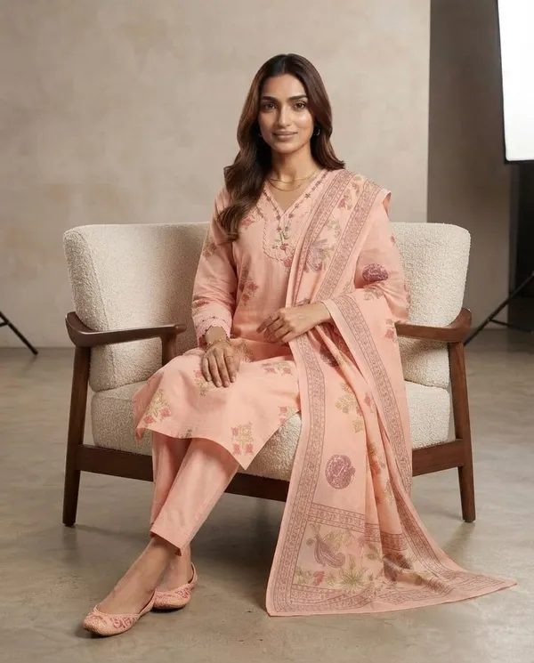 Peach_Printed_Ethnic_Kurta_Set_With_Dupatta_For_Women