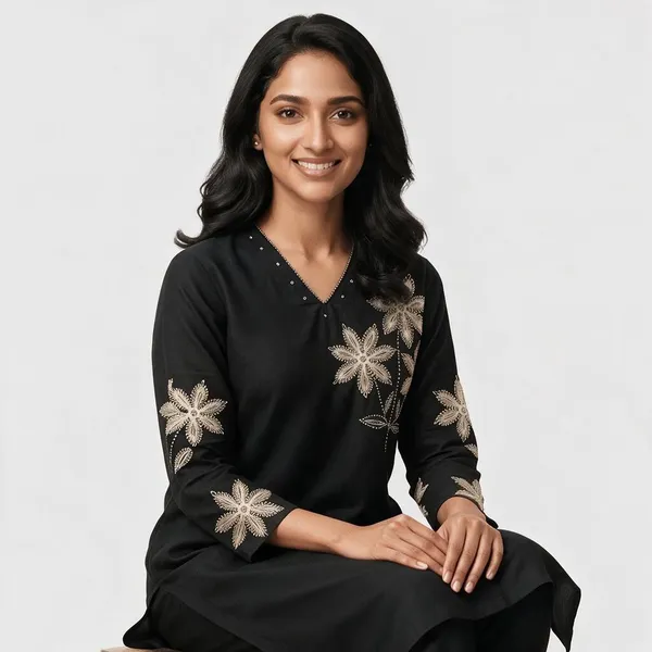 Black_Linen_Cotton_Embroidered_Straight_Kurta_Set_For_Women