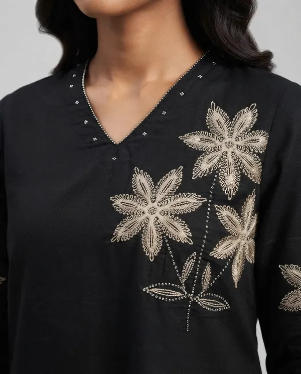Black_Linen_Cotton_Embroidered_Straight_Kurta_Set_For_Women