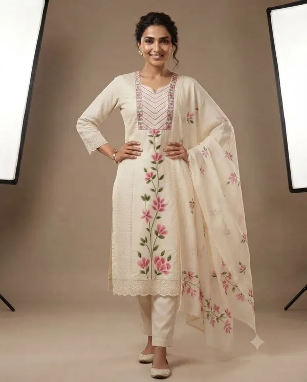 Cream_Khadi_Floral_Straight_Kurta_Set_For_Women