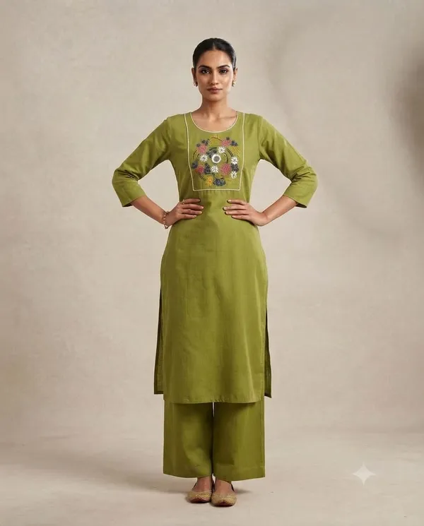 Olive_Green_Khadi_Embroidered_Straight_Kurta_Pant_Set_For_Women