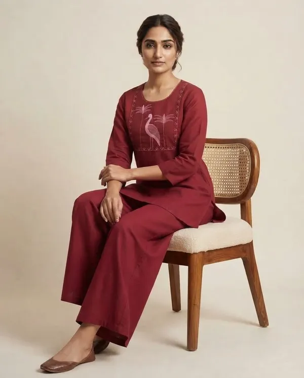 Maroon_Cotton_Embroidered_Kurta_Set_For_Women