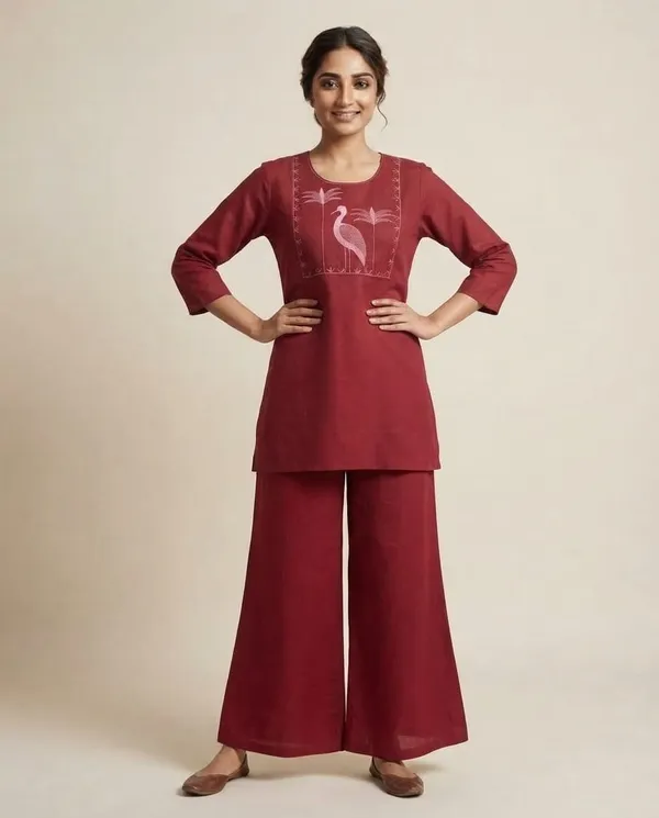 Maroon_Cotton_Embroidered_Kurta_Set_For_Women