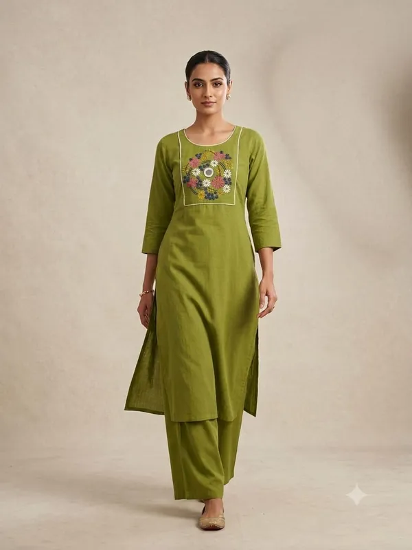Olive_Green_Khadi_Embroidered_Straight_Kurta_Pant_Set_For_Women