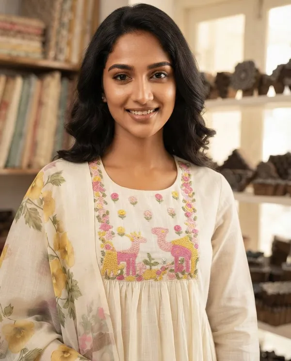 Cream_Embroidered_Flared_Kurta_Set_for_Women