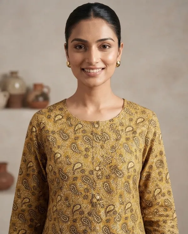 Mustard_Cotton_Paisley_Print_Straight_Fit_Kurta_Set_For_Women