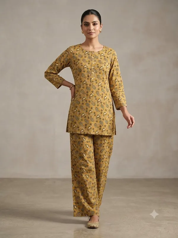 Mustard_Cotton_Paisley_Print_Straight_Fit_Kurta_Set_For_Women