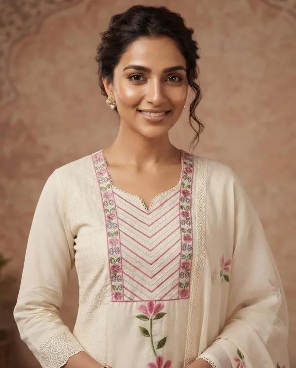Cream_Khadi_Floral_Straight_Kurta_Set_For_Women
