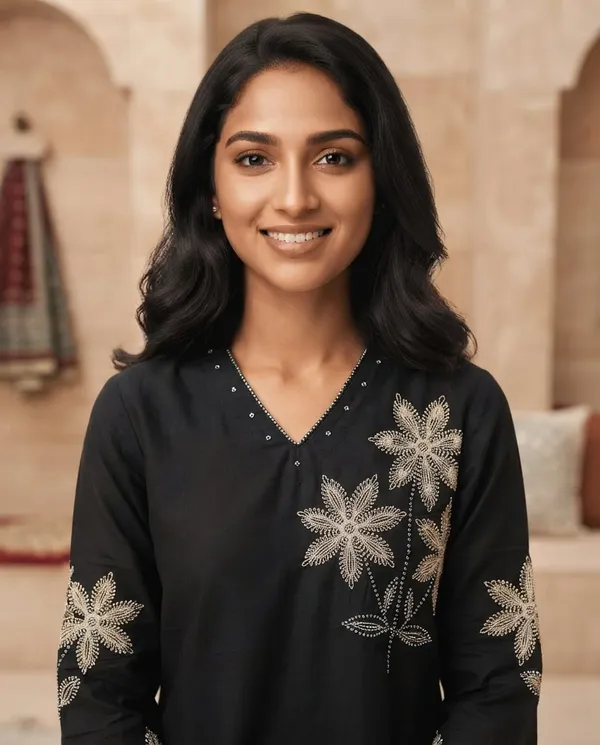 Black_Linen_Cotton_Embroidered_Straight_Kurta_Set_For_Women