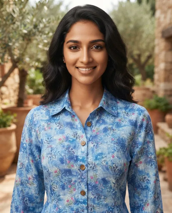Blue_Cotton_Floral_Print_Shirt_Dress_For_Women