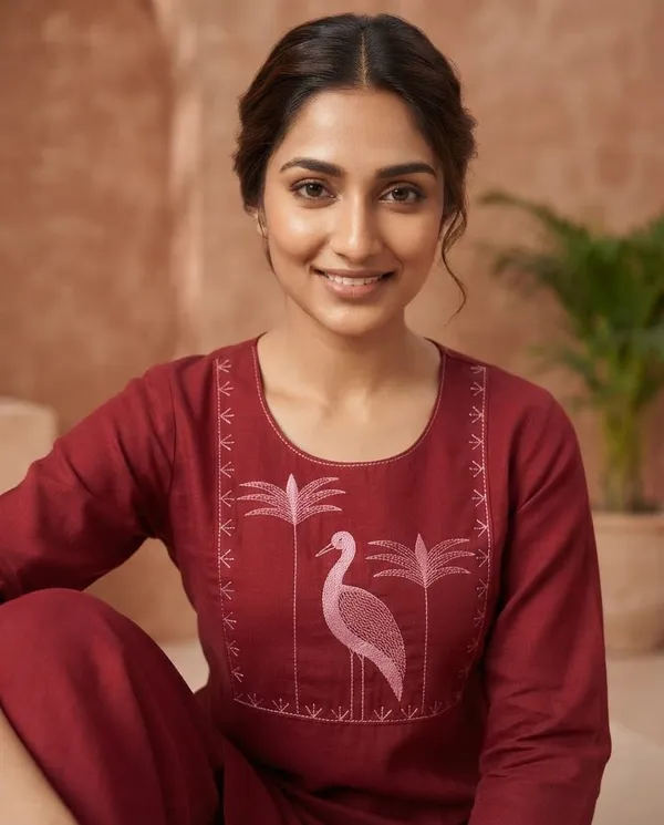 Maroon_Cotton_Embroidered_Kurta_Set_For_Women