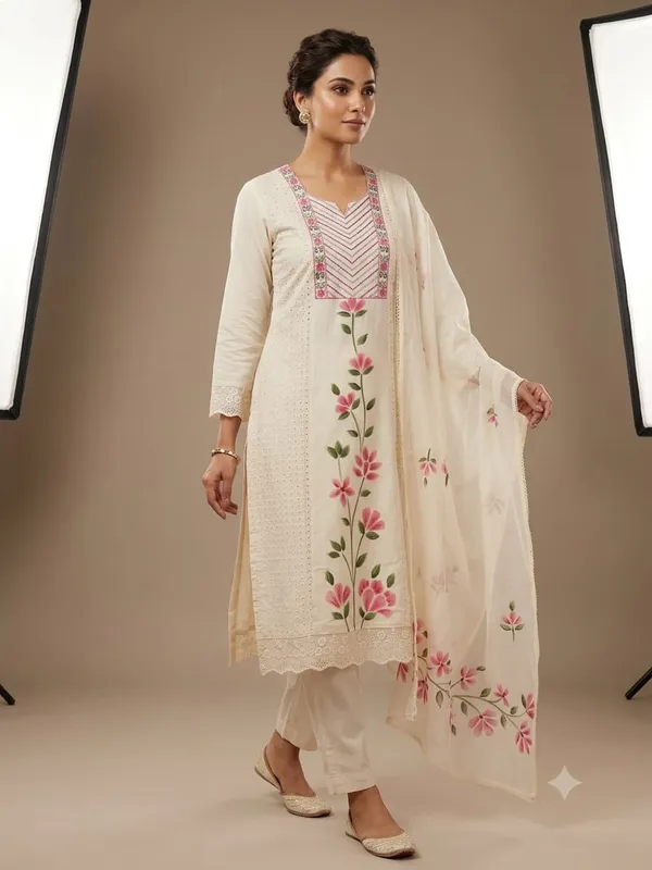 Cream_Khadi_Floral_Straight_Kurta_Set_For_Women