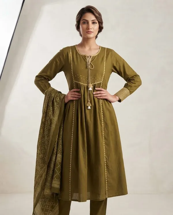 Olive_Green_Mal_Cotton_Printed_Kurta_Set_For_Women