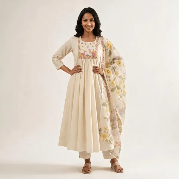 Cream_Pure_Cotton_Embroidered_Flared_Kurta_Set_For_Women