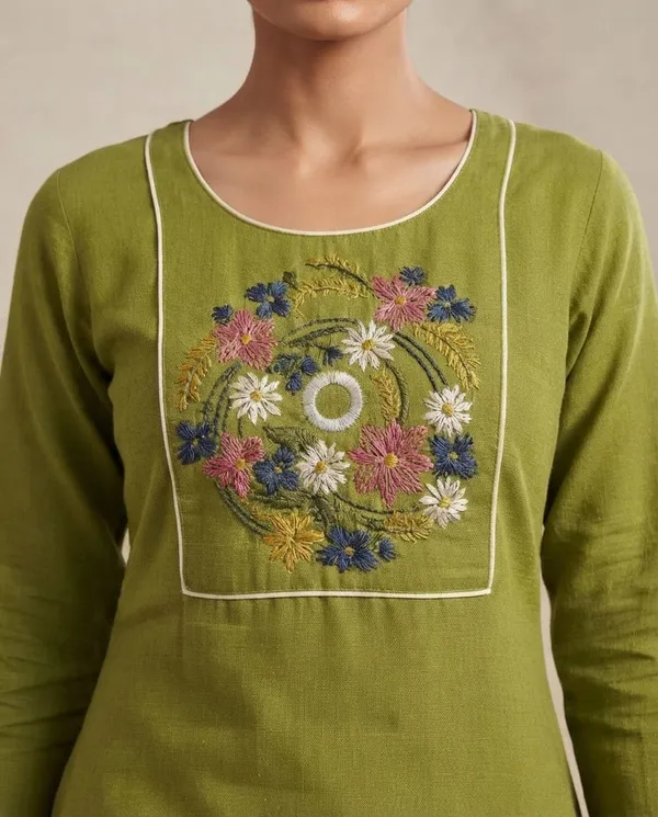 Olive_Green_Khadi_Embroidered_Straight_Kurta_Pant_Set_For_Women