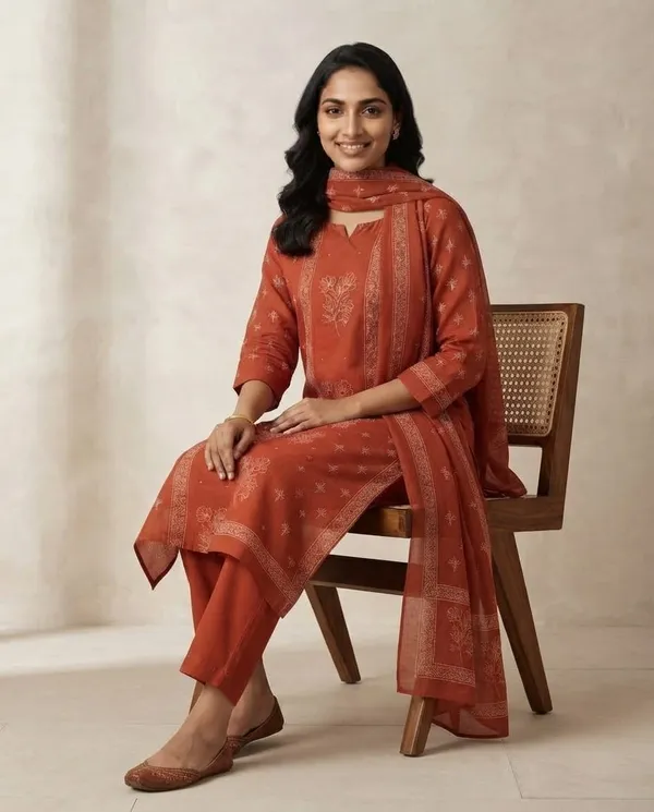 Rust_Cotton_Floral_Print_Straight_Kurta_Set_For_Women