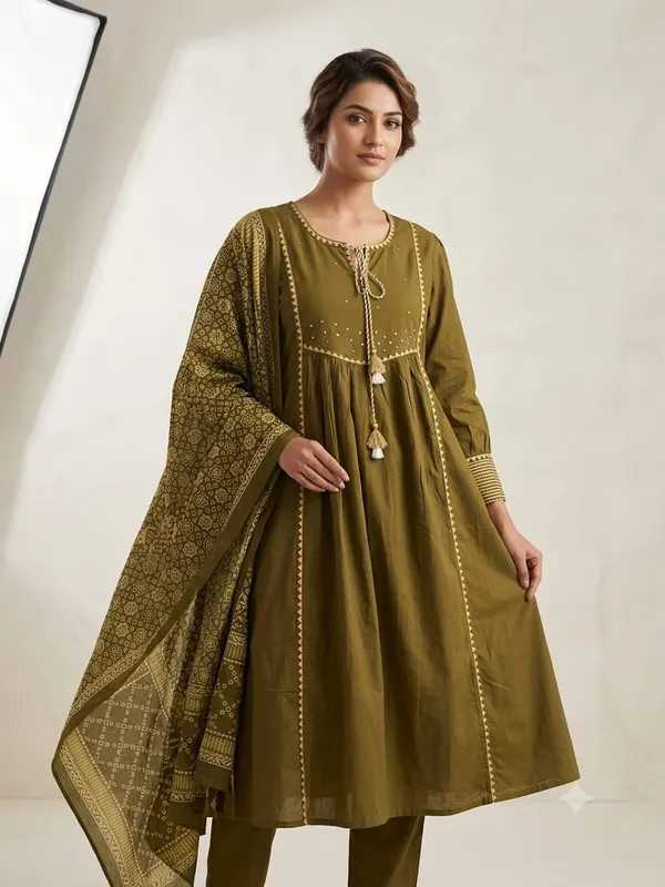 Olive_Green_Mal_Cotton_Printed_Kurta_Set_For_Women