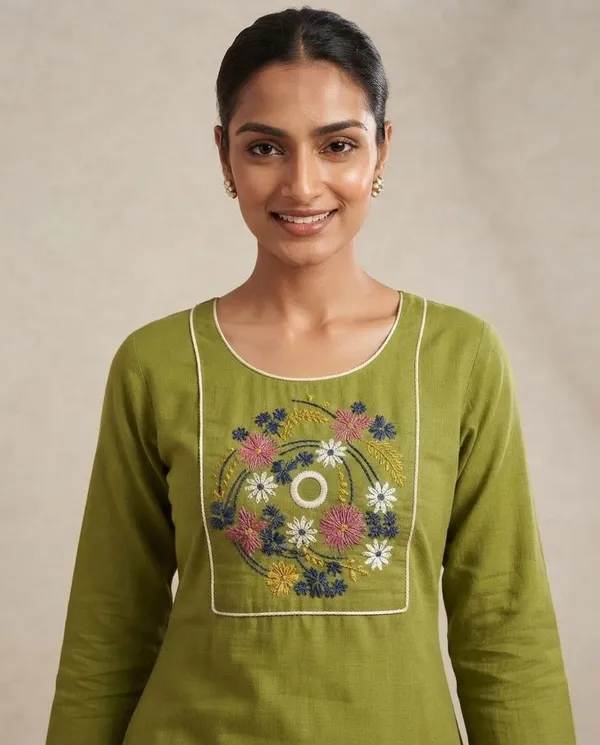 Olive_Green_Khadi_Embroidered_Straight_Kurta_Pant_Set_For_Women