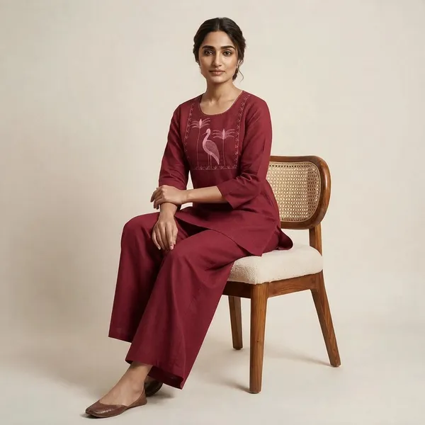 Maroon_Cotton_Embroidered_Kurta_Set_For_Women