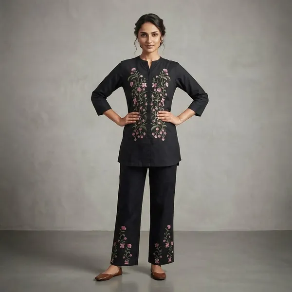 Black_Linen_Cotton_Floral_Embroidered_Straight_Kurta_Set_For_Women