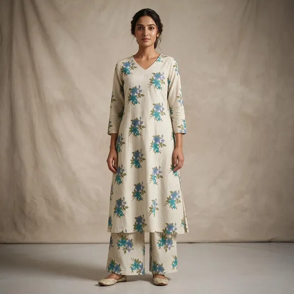Cream_Khadi_Floral_Print_Kurta_Set_For_Women