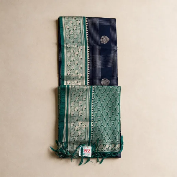 Teal_And_Navy_Silk_And_Polyster_Saree_For_Women