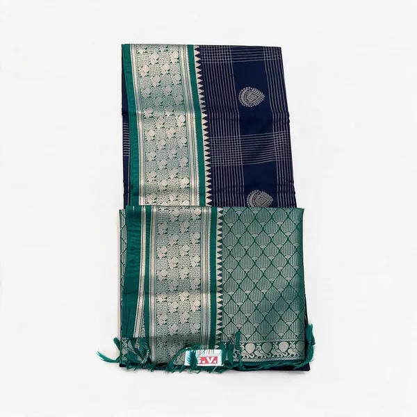 Teal_And_Navy_Silk_And_Polyster_Saree_For_Women
