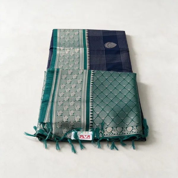 Teal_And_Navy_Silk_And_Polyster_Saree_For_Women