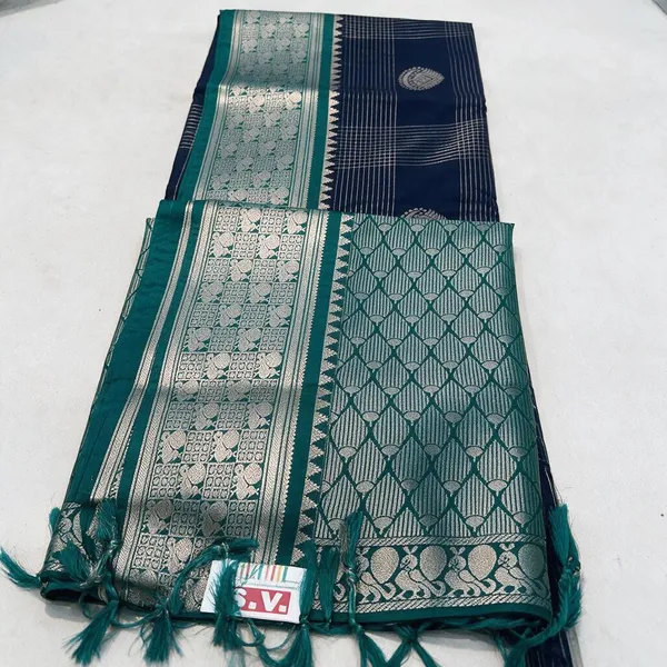 Teal_And_Navy_Silk_And_Polyster_Saree_For_Women