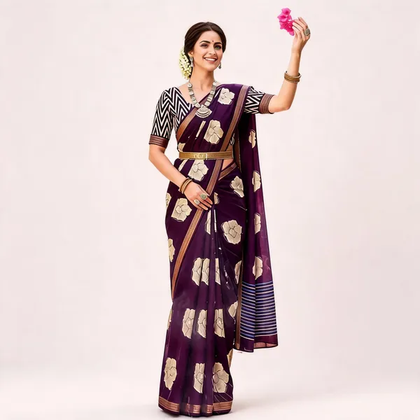 Purple_Floral_Print_Silk_&_Polyster_Saree_For_Women