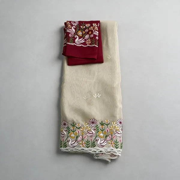 Cream_And_Maroon_Embroidere_Silk_And_Polyster_For_Women