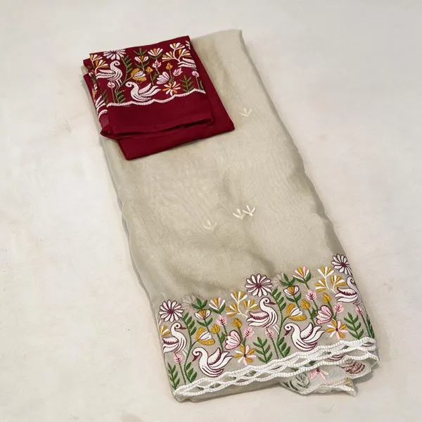 Cream_And_Maroon_Embroidere_Silk_And_Polyster_For_Women