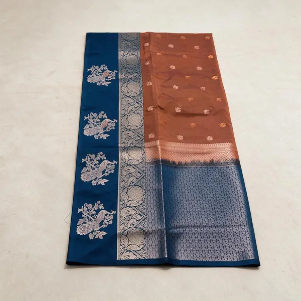 Blue_And_Brown_Banarasi_Silk_Saree_For_Women
