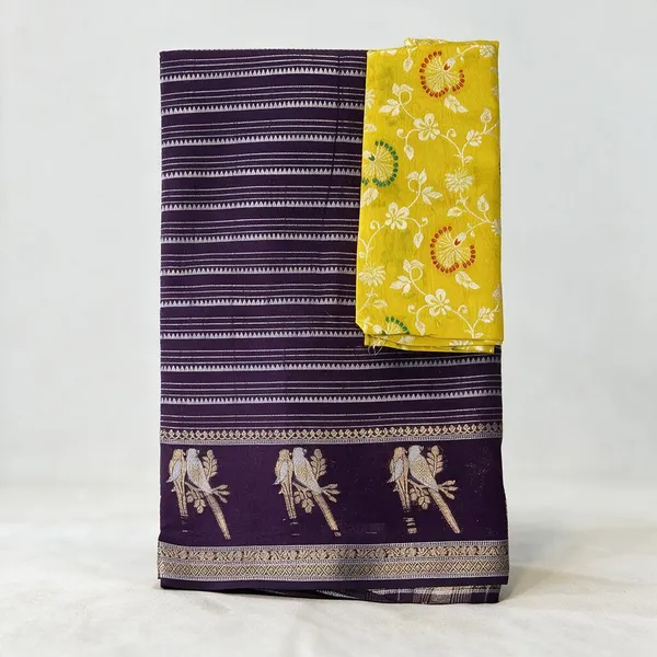 Purple_Printed_Silk_And_Polyster_Saree_With_Yellow_Blouse_Piece