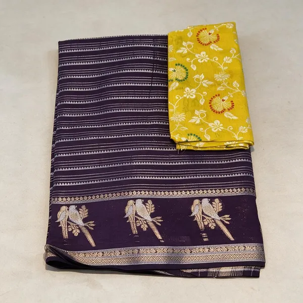 Purple_Printed_Silk_And_Polyster_Saree_With_Yellow_Blouse_Piece