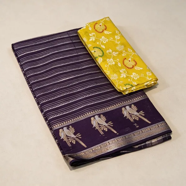 Purple_Printed_Silk_And_Polyster_Saree_With_Yellow_Blouse_Piece