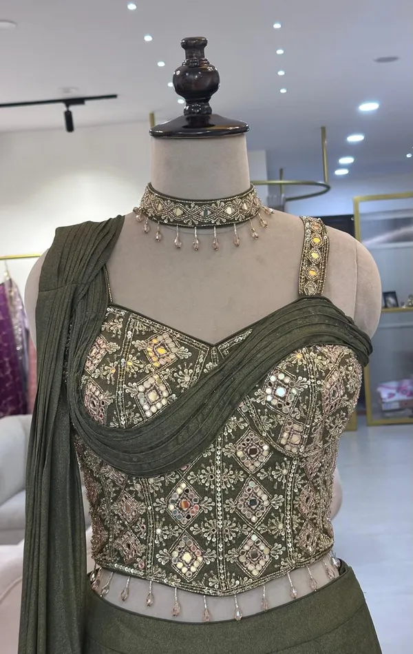 Olive_Green_Shimmer_Georgette_Embellished_Saree_For_Women
