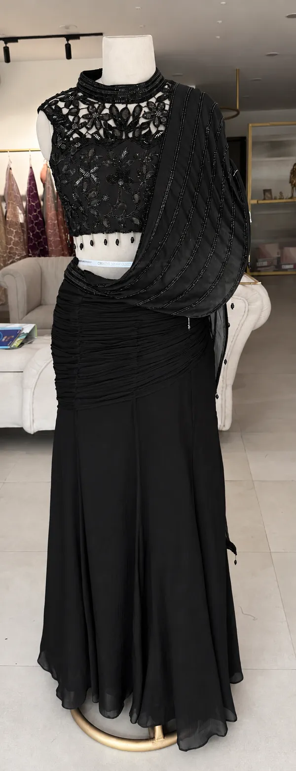 Black_Chinon_Embellished_Pre-Draped_Saree_Set_For_Women