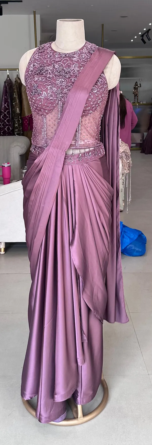 Mauve_Satin_Net_Embroidered_Pre-Draped_Saree_For_Women