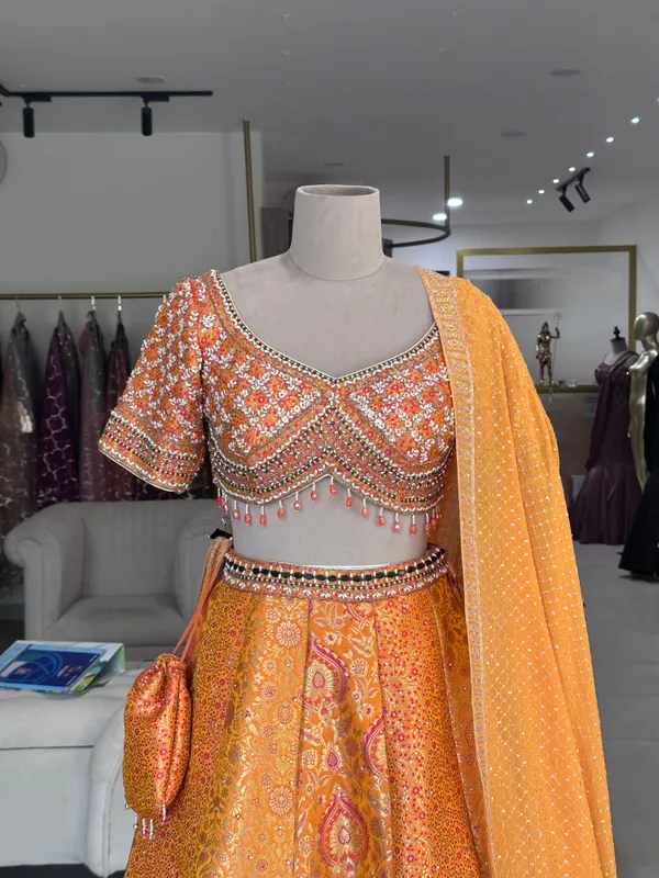 Orange_Banarasi_Brocade_Embroidered_Lehenga_Choli_Set_For_Women
